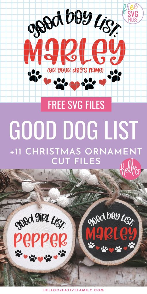 Is your dog on the "good boy" or "naughty boy" list this holiday season? Make an adorable DIY Christmas ornament for your favorite furry best friend using our free Dog SVG using your Cricut or other electronic cutting machine. The perfect handmade gift for pet lovers! Download all 11 Christmas Cut Files to make ornaments for everyone on your holiday crafting list!