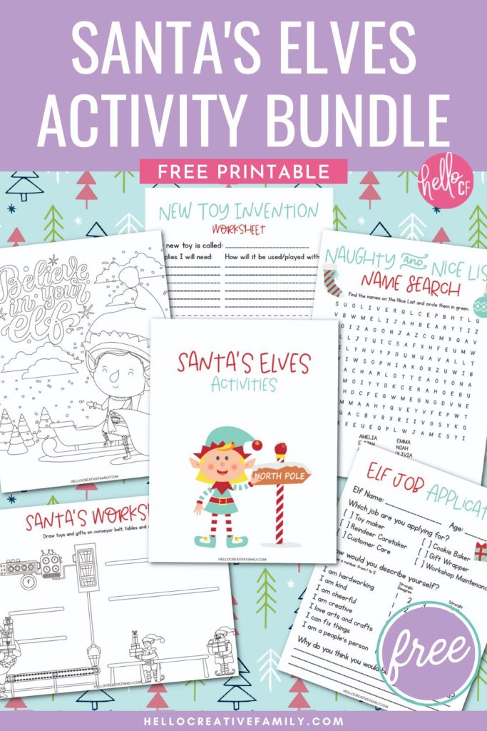 Get in the Christmas spirit with this fun holiday elf printable activity bundle including an Elf Job Application, Santa's Elf Coloring Sheet, Naughty And Nice Name Search and more! Also includes 14 free Santa printables for tons of holiday cheer!