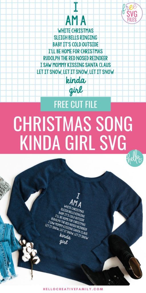 If you love classic Christmas songs like White Christmas, Rudolph The Red Nosed Reindeer and Let It Snow then you need this "Christmas Songs Kinda Girl" cut file! This free SVG file is easy to cut with your Cricut Maker, Cricut Explore or Silhouette Cameo. Make a one of a kind handmade gift for your best friend! Includes 16 free holiday cut files for handmade gift ideas. #Cricut #Silhouette #ChristmasSVG #ChristmasCutFile #ChristmasSongs #ChristmasCrafts