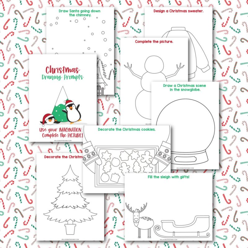 Surprise your little artist with this fun and entertaining holiday printable! We're sharing 7 pages of Christmas drawing ideas! Each page has a Christmas prompt, and the beginning of an illustration to help give a bit of creative inspiration! Prompts include designing an ugly Christmas sweater, drawing a snow globe scene, filling Santa’s sleigh with gifts and so much more! Fun for kids of all ages including preschool kids, kindergarten and elementary school aged children!