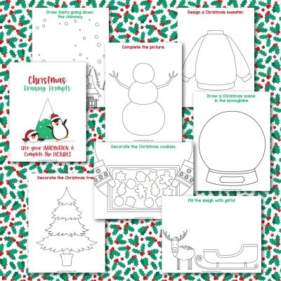 Surprise your little artist with this fun and entertaining holiday printable! We're sharing 7 pages of Christmas drawing ideas! Each page has a Christmas prompt, and the beginning of an illustration to help give a bit of creative inspiration! Prompts include designing an ugly Christmas sweater, drawing a snow globe scene, filling Santa’s sleigh with gifts and so much more! Fun for kids of all ages including preschool kids, kindergarten and elementary school aged children!