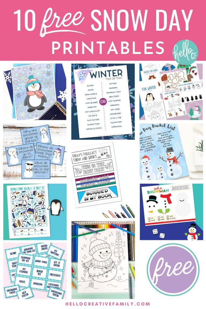Who's ready for a snow day?!?! Well you are in luck my friend! We are sharing 10 free snow themed printables that make super fun snow day activities! This printable bundle includes a winter coloring sheet, paper dolls, crossword, maze and more! Fun for all ages!