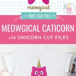 We're sharing 14 Free Unicorn SVG Files including our very own Meowgical Caticorn cut file. So pull out those Cricuts and Silhouettes and craft up an easy project! Perfect for unicorn themed birthday parties, unicorn shirts and unicorn room decor! #Cricut #Silhouette #unicorn #CutFile #FreeSVG #SVG