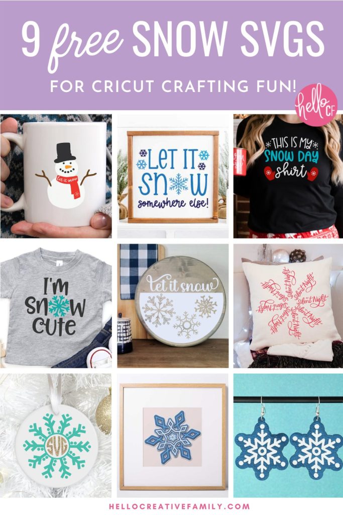 Who is ready for some winter crafting fun? We're sharing 9 free Snow SVG files that you can use to make shirts, mugs, tote bags, snow globe and more using your Cricut or Silhouette cutting machine! Includes snowflakes, snowman, snow day and other adorable snow themed cut files!