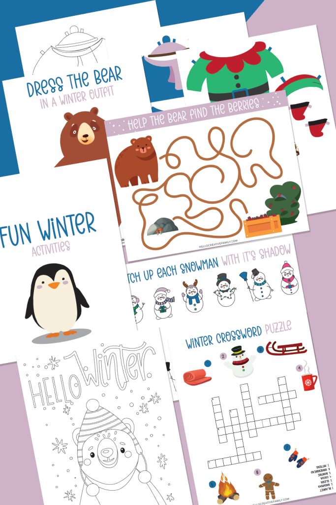 Who's ready for a snow day?!?! Well you are in luck my friend! We are sharing 10 free snow themed printables that make super fun snow day activities! This 10 page printable bundle features penguins, bears and snowmen and includes a winter coloring sheet, paper dolls, crossword, maze and more! Fun for all ages!
