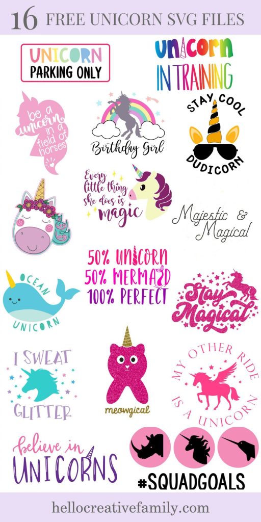 We're sharing 14 Free Unicorn SVG Files including our very own Meowgical Caticorn cut file. So pull out those Cricuts and Silhouettes and craft up an easy project! Perfect for unicorn themed birthday parties, unicorn shirts and unicorn room decor! #Cricut #Silhouette #unicorn #CutFile #FreeSVG #SVG