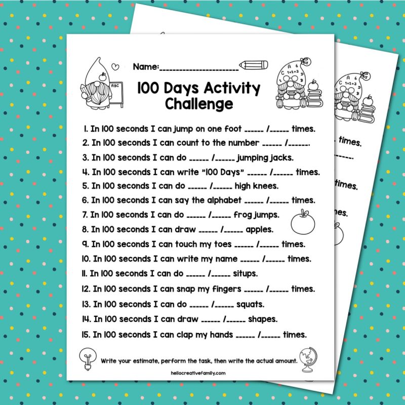 Looking for ways to make the 100 Day of School special? We're sharing loads of ideas that elementary school teachers will love including a 100 Days Activities Challenge that mixes math, writing and physical literacy along with 14 free 100 Day of School printables!