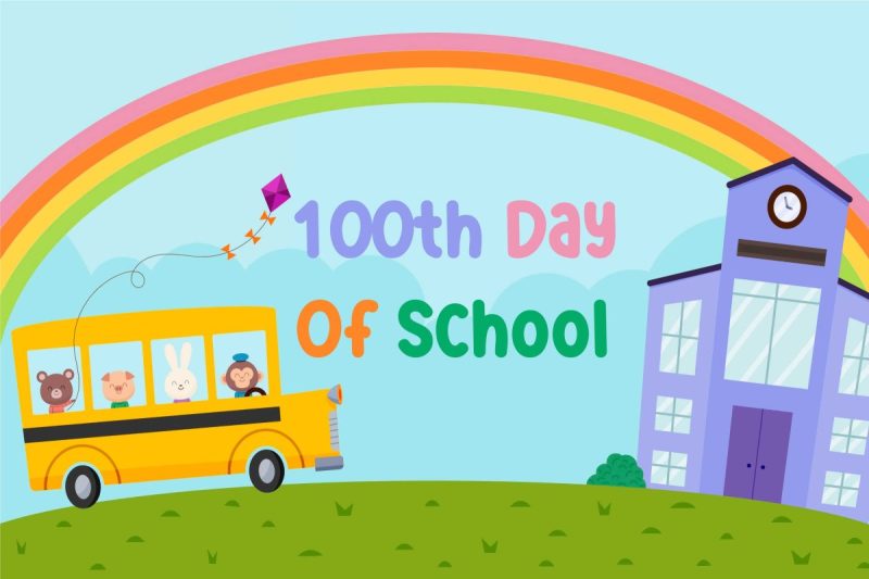 100th Day of School School Bus, Rainbow and School Building