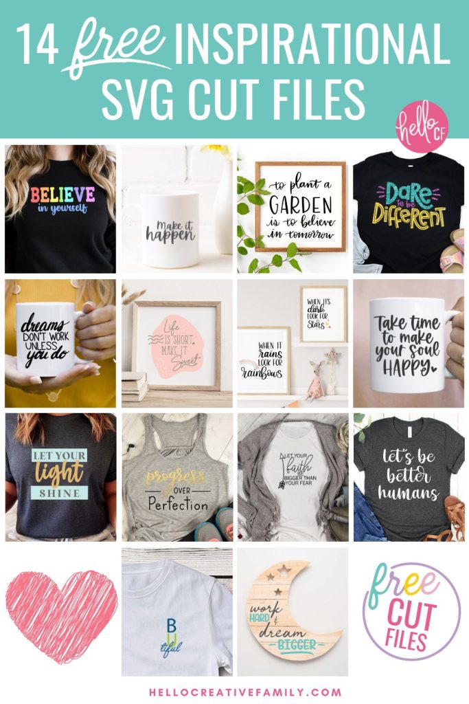 Get ready for a big dose of happiness! These 14 Free Inspirational Quotes SVG Files will motivate you and inspire you to tackle your goals! Use these free cut files to make planner stickers, mugs, DIY shirts for the gym and so much more using your Cricut or Silhouette cutting machines! Includes a pretty rainbow Believe In Yourself SVG.
