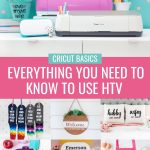 Wondering "What is HTV vinyl"? Learn about heat transfer vinyl and why HTV is great for customizing shirts, onesies, wood signs, tote bags and more with your Cricut Joy, Cricut Explore Air or Cricut Maker! We're giving you all the info you need to know to use HTV like a pro! These tips are great for Silhouette Cameo users too!