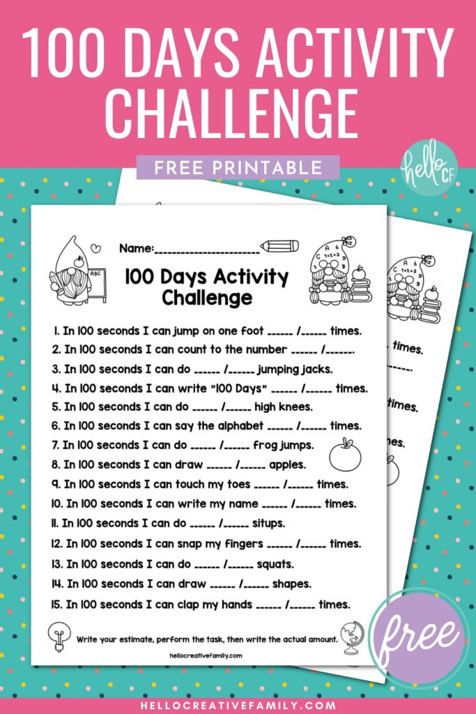 Looking for ways to make the 100 Day of School special? We're sharing loads of ideas that elementary school teachers will love including a 100 Days Activities Challenge that mixes math, writing and physical literacy along with 14 free 100 Day of School printables!