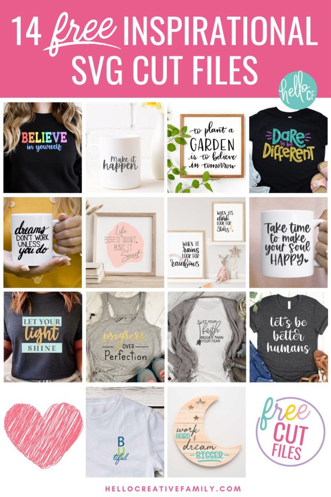 Get ready for a big dose of happiness! These 14 Free Inspirational Quotes SVG Files will motivate you and inspire you to tackle your goals! Use these free cut files to make planner stickers, mugs, DIY shirts for the gym and so much more using your Cricut or Silhouette cutting machines! Includes a pretty rainbow Believe In Yourself SVG.