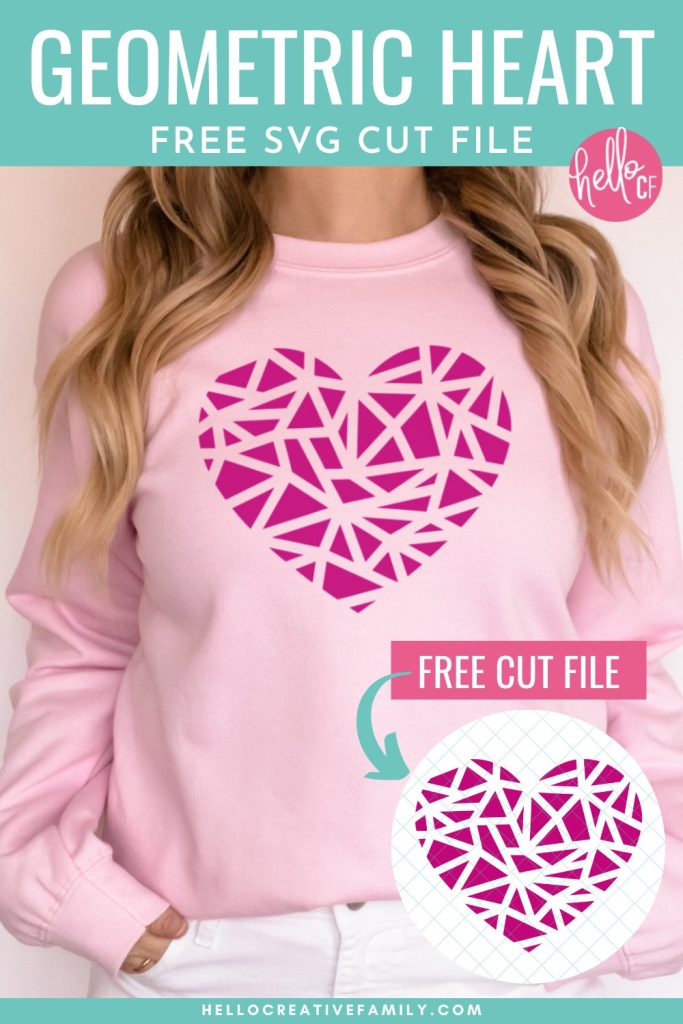 Wear your heart on your sleeve (or chest) all year long with this beautiful geometric heart svg! This free cut file can be used to make shirts, mugs, paper crafts, vinyl decals, cards and so much more with your Cricut or Silhouette cutting machine! Great for Valentine's Day, weddings or every day use!