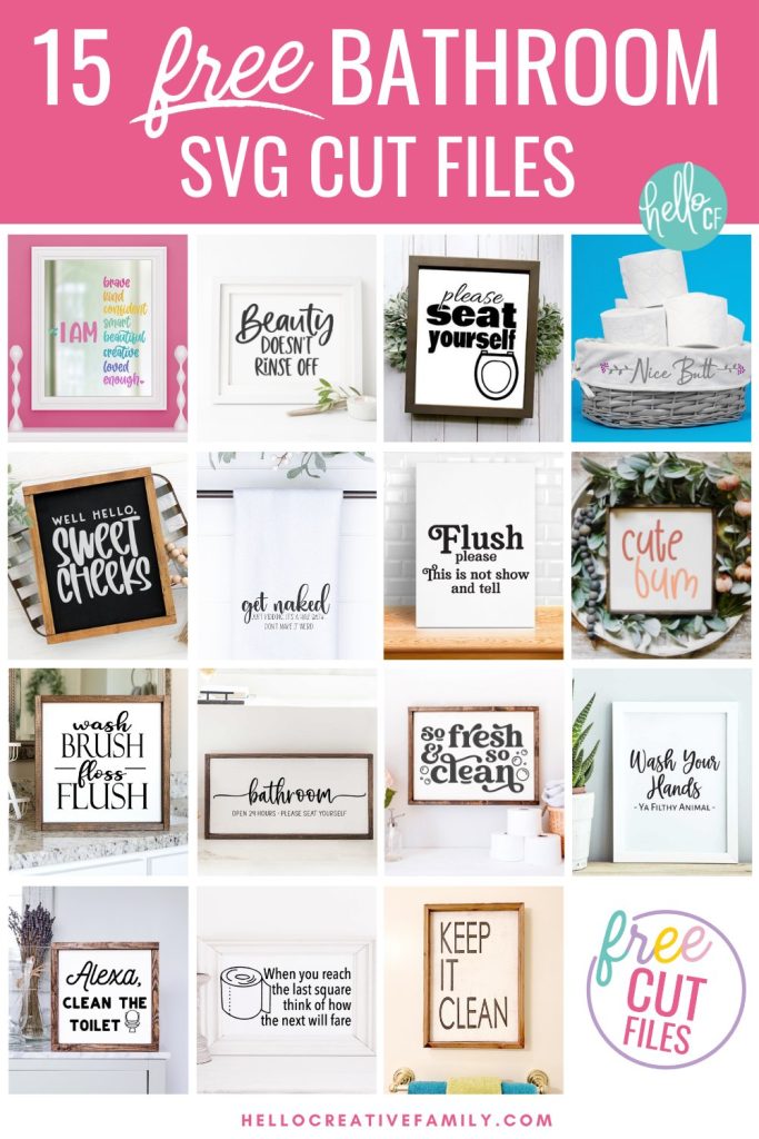 Create DIY bathroom signs, hand towels, decals and more with these 15 free bathroom SVG files! From funny sayings to touching affirmations we've got a ton of great ideas to get you crafting bathroom decor projects with your Cricut or Silhouette cutting machines!