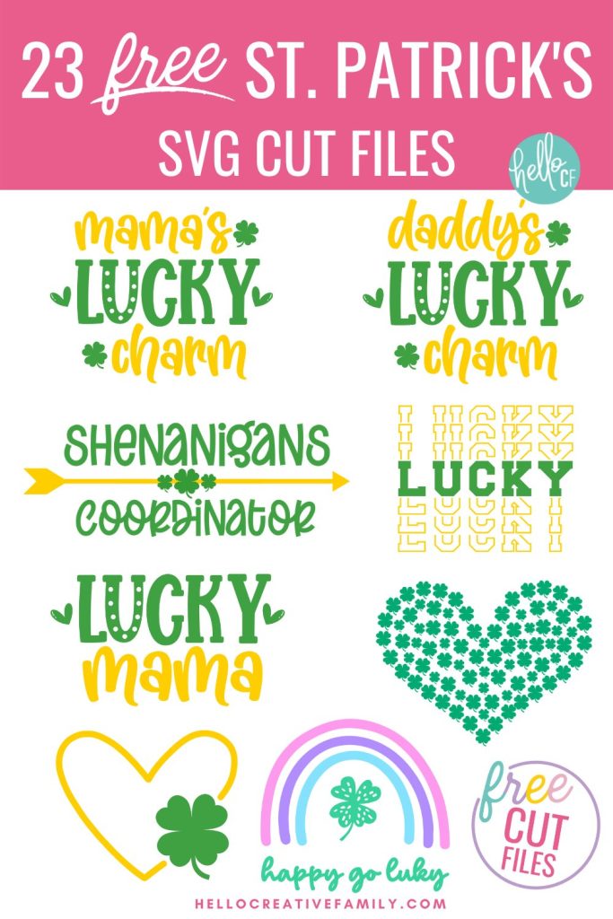 Make yourself pinch proof with 23 Free St Patricks Day SVG Files! Make DIY shirts, decor and more using your Cricut Maker, Cricut Explore, Cricut Joy or Silhouette Cameo. Sayings include Daddy's Lucky Charm, Shenanigans Coordinator, Lucky Mama and more! Filed with lots of four leaf clovers and fun!