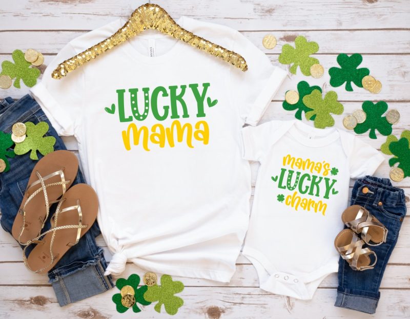 Mommy and Me St Patricks Day Shirts. Lucky Mama and Mama's Lucky Charm Shirt and Onesie Made With Free SVG