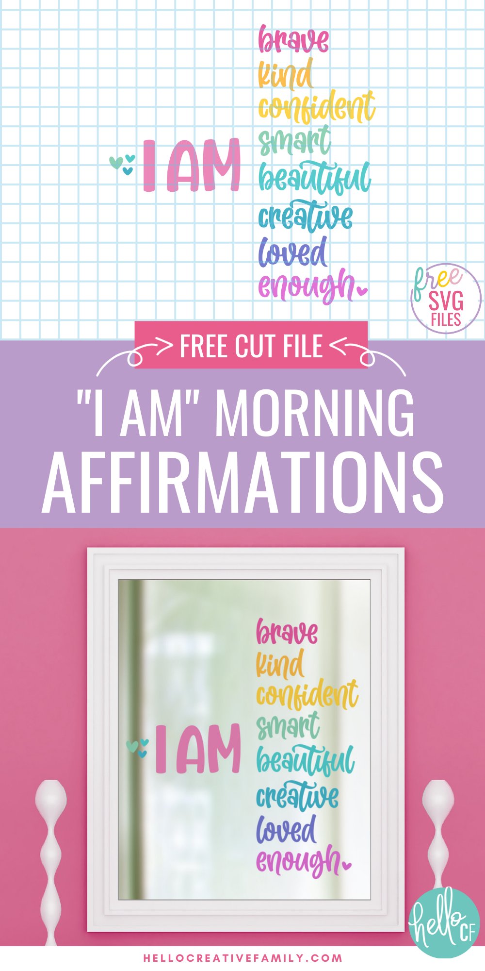 Decorate a mirror or make a sign for your bedroom or bathroom that will get your day started on a positive note! Download our free I Am Morning Affirmations svg to make positivity signs with your Cricut Maker, Cricut Explore, Cricut Joy or Silhouette Cameo!