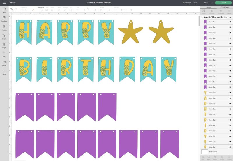 Step 1: Open Cricut Design Space. Upload the Birthday Mermaid Banner cut file and insert it onto your canvas. 