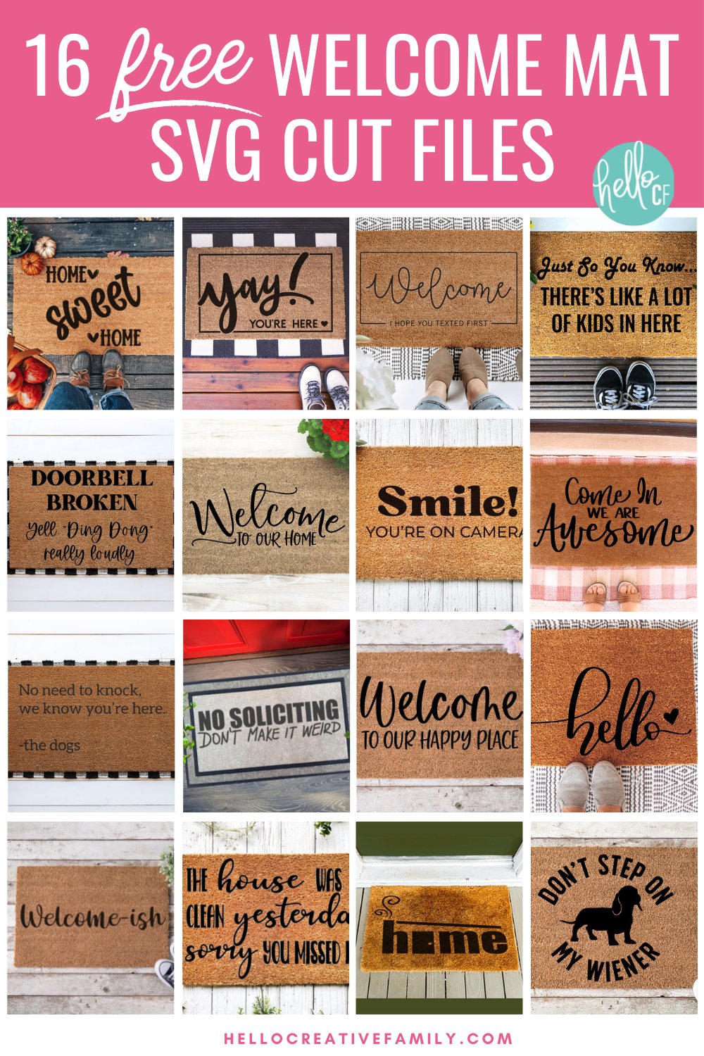 Welcome guests to your home with a DIY welcome mat that you made with your Cricut! We're sharing 16 free welcome svg files! From funny to sweet we've got you covered including a free Home Sweet Home SVG File. We're also sharing step by step instructions on how to make a door mat using your Cricut and freezer paper!
