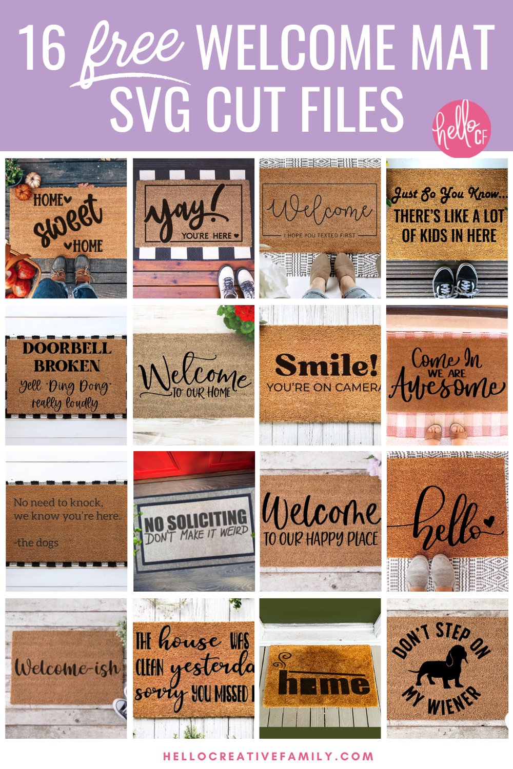 Welcome guests to your home with a DIY welcome mat that you made with your Cricut! We're sharing 16 free welcome svg files! From funny to sweet we've got you covered including a free Home Sweet Home SVG File. We're also sharing step by step instructions on how to make a door mat using your Cricut and freezer paper!