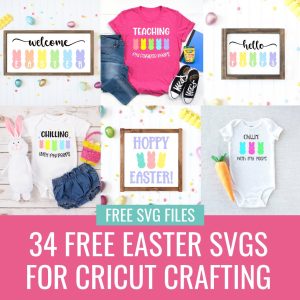 We're sharing 34 Free Easter SVG Cut Files including our very own Free Peeps SVG bundle with the very popular "Chillin' With My Peeps" design. So pull out your Cricuts and Silhouettes and craft up an easy project! From the Easter Bunny, to adorable chicks, to Easter Eggs and Peeps! We've got your Easter crafting covered!&nbsp;