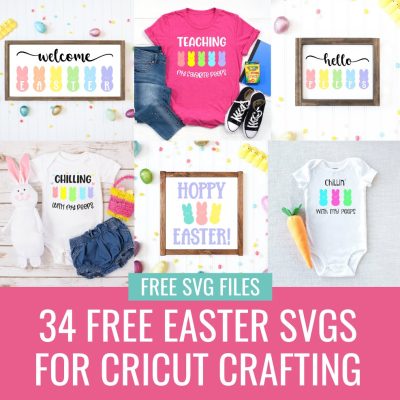 We're sharing 34 Free Easter SVG Cut Files including our very own Free Peeps SVG bundle with the very popular "Chillin' With My Peeps" design. So pull out your Cricuts and Silhouettes and craft up an easy project! From the Easter Bunny, to adorable chicks, to Easter Eggs and Peeps! We've got your Easter crafting covered! 