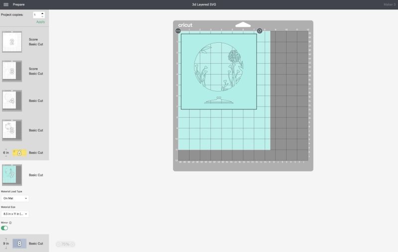 Click "Make It". Mirror each cutting mat (if following Vera from Chipolla's tip above). In the dropdown menu under each cutting mat select the size of paper you are using. Click continue and then select the type of paper you are using. 