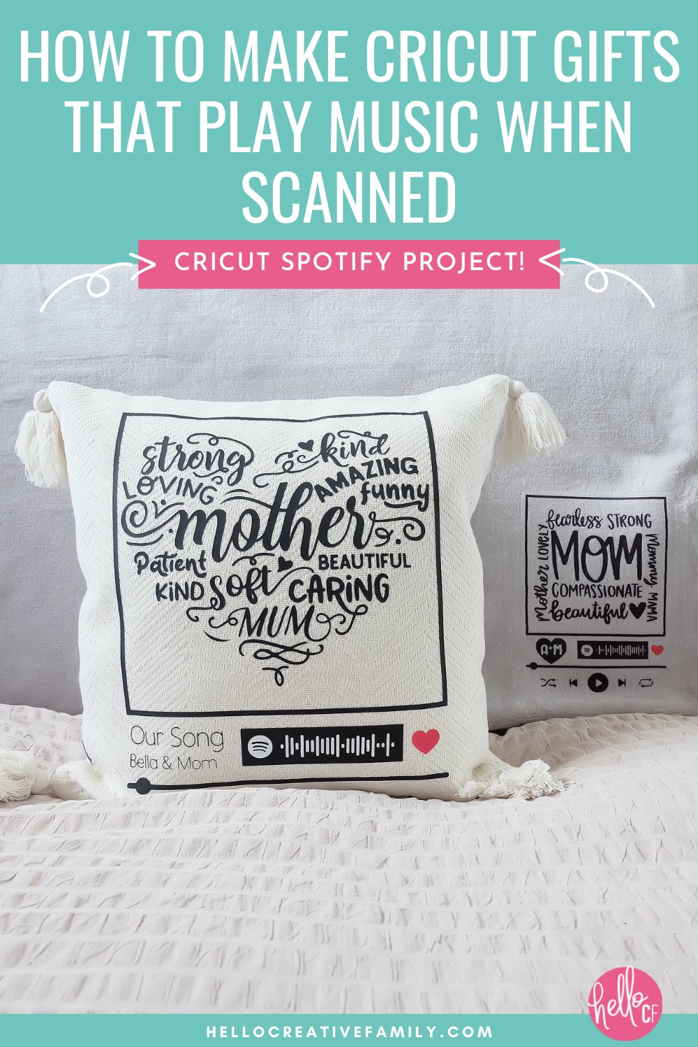 Learn how to make a DIY pillow and blanket that plays a special song when scanned using your Cricut and Spotify! Learn how to make this special project step-by-step including creating a Spotify scan bar, selecting the perfect pillow or blanket, setting up your design and cutting and applying it using either Infusible Ink or HTV.