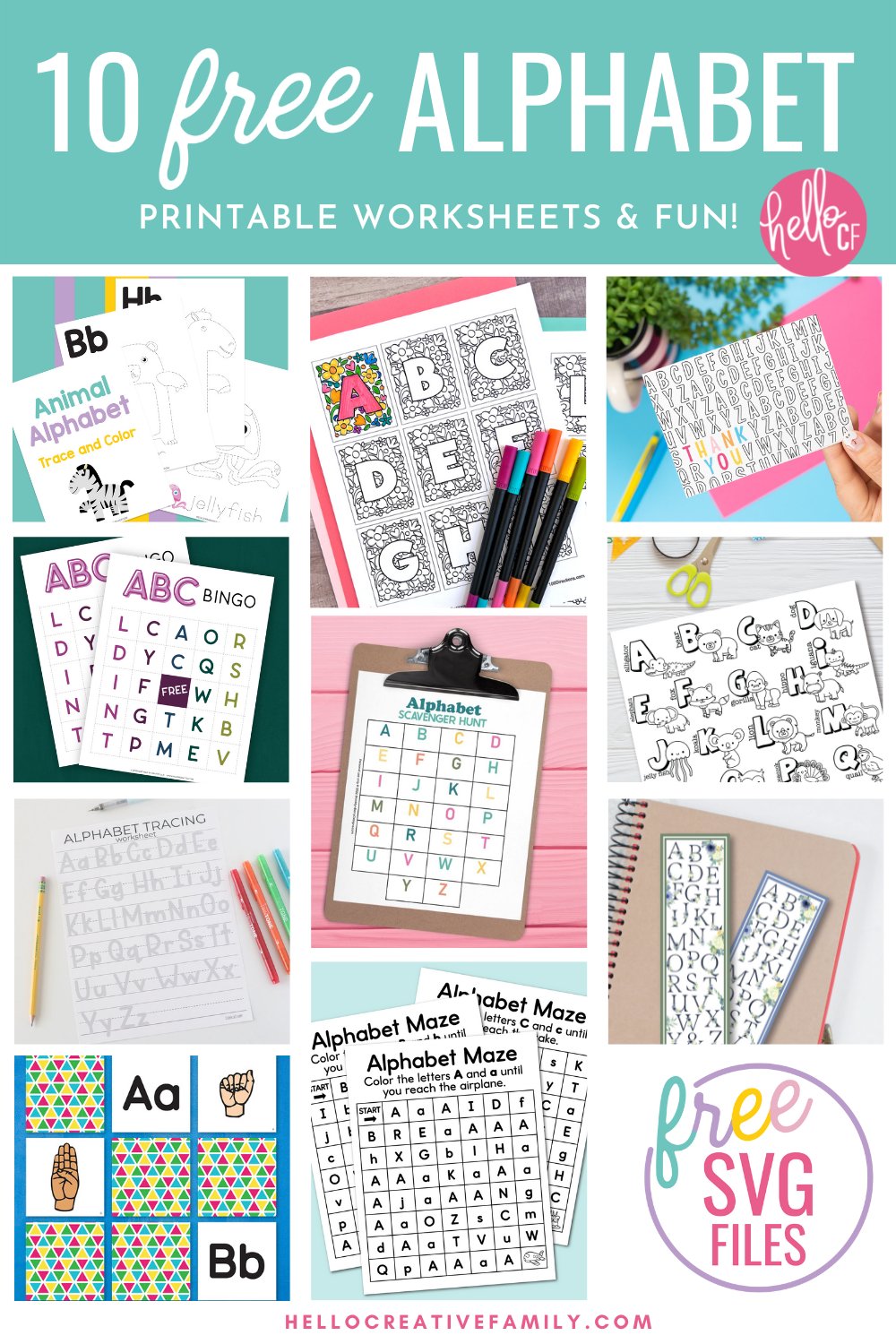 Grab your crayons and pencils! We're sharing 10 free alphabet printables including animal ABC tracing worksheets that kids can use to color and practice their letters! Perfect for preschool, elementary school, daycare and homeschooling! Other printables include alphabet bingo, alphabet scavenger hunt and alphabet coloring sheets!