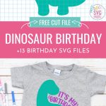 Celebrate a dinosaur loving kid's special day with this free birthday dinosaur SVG file! We've also got 13 free birthday SVG files for making DIY birthday shirts, birthday cards, birthday mugs, birthday party decorations and so much more using your Cricut Maker, Cricut Explore, Cricut Joy or Silhouette Cameo!