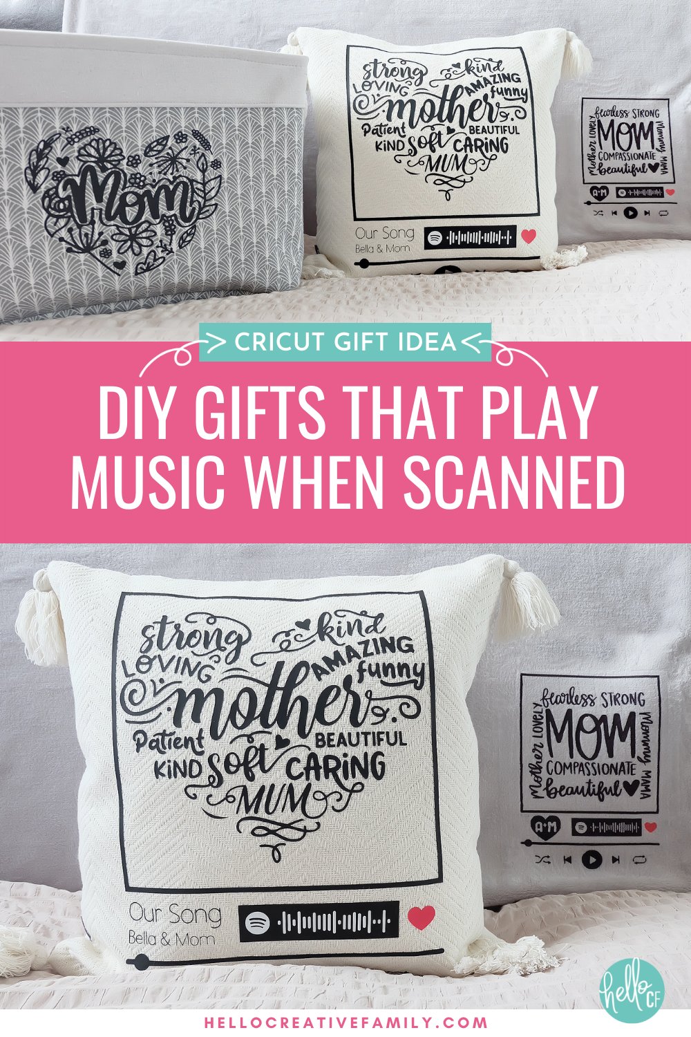 Learn how to make a DIY pillow and blanket that plays a special song when scanned using your Cricut and Spotify! Learn how to make this special project step-by-step including creating a Spotify scan bar, selecting the perfect pillow or blanket, setting up your design and cutting and applying it using either Infusible Ink or HTV.