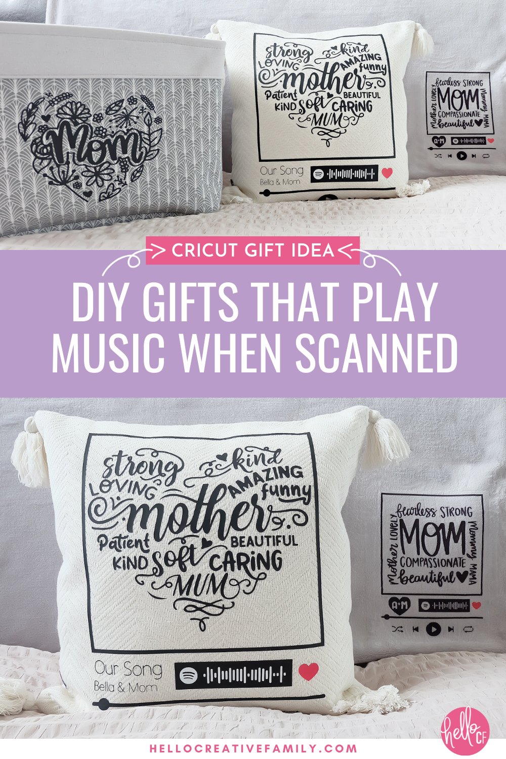 Learn how to make a DIY pillow and blanket that plays a special song when scanned using your Cricut and Spotify! Learn how to make this special project step-by-step including creating a Spotify scan bar, selecting the perfect pillow or blanket, setting up your design and cutting and applying it using either Infusible Ink or HTV.