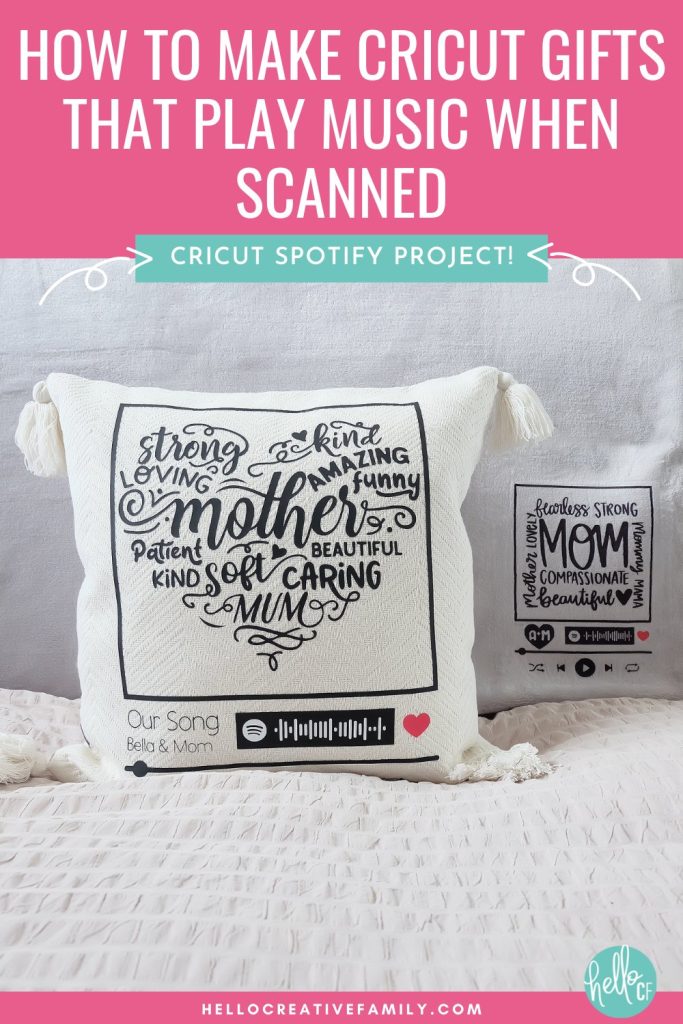 Learn how to make a DIY pillow and blanket that plays a special song when scanned using your Cricut and Spotify! Learn how to make this special project step-by-step including creating a Spotify scan bar,  selecting the perfect pillow or blanket,  setting up your design and cutting and applying it using either Infusible Ink or HTV. 