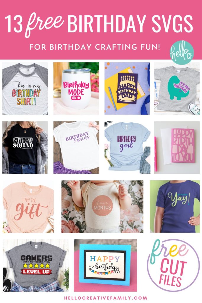 Celebrate a dinosaur loving kid's special day with this free birthday dinosaur SVG file! We've also got 13 free birthday SVG files for making DIY birthday shirts, birthday cards, birthday mugs, birthday party decorations and so much more using your Cricut Maker, Cricut Explore, Cricut Joy or Silhouette Cameo!