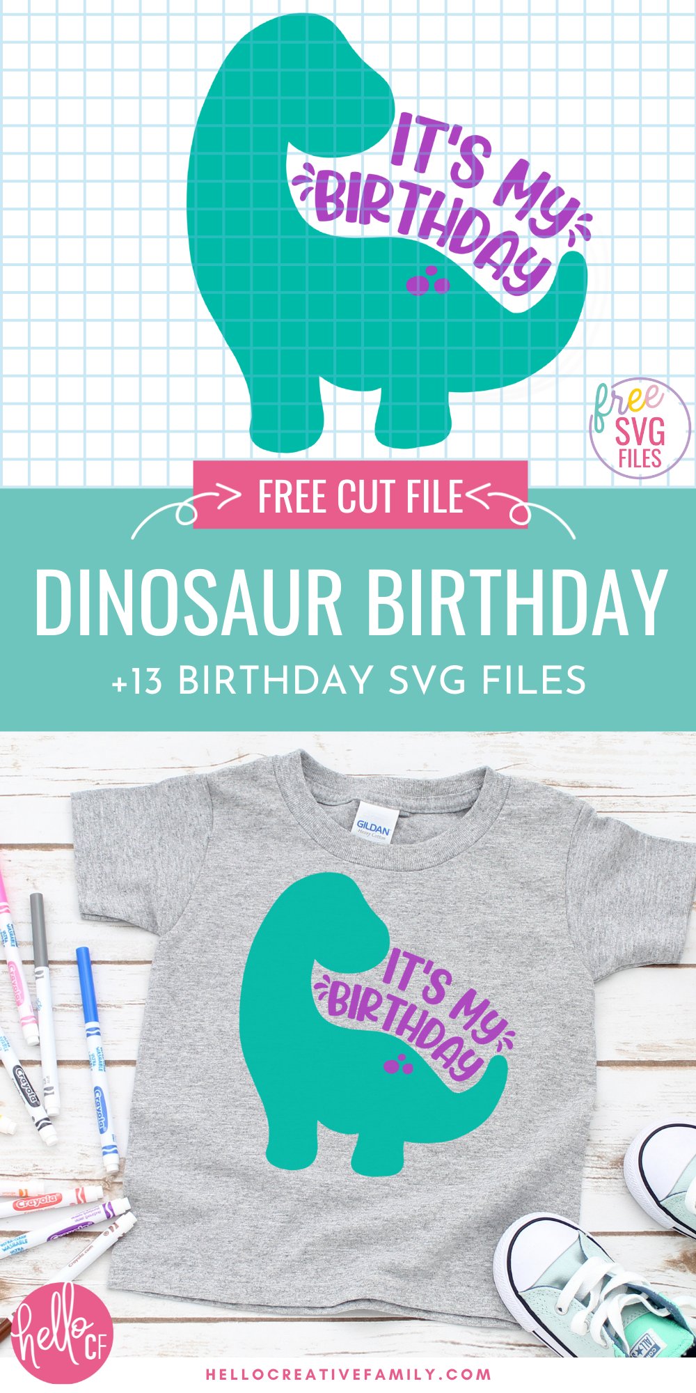 Celebrate a dinosaur loving kid's special day with this free birthday dinosaur SVG file! We've also got 13 free birthday SVG files for making DIY birthday shirts, birthday cards, birthday mugs, birthday party decorations and so much more using your Cricut Maker, Cricut Explore, Cricut Joy or Silhouette Cameo!