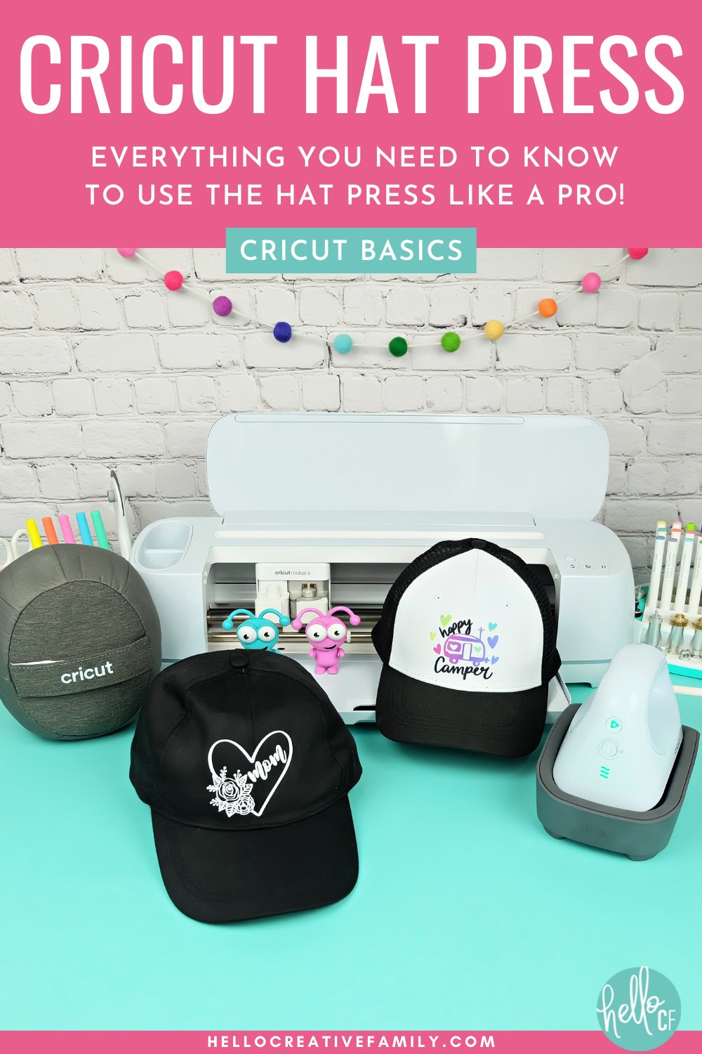 Learn everything you need to know about the Cricut Hat Press! This amazing hat heat press can be used to apply HTV, Infusible Ink and sublimation products to baseball hats, caps, sunhats and more! We cover everything you need to know about this amazing machine, plus walk you through step by step how to use it to make DIY hats using Iron-on HTV, Infusbile Ink and Sublimation. 