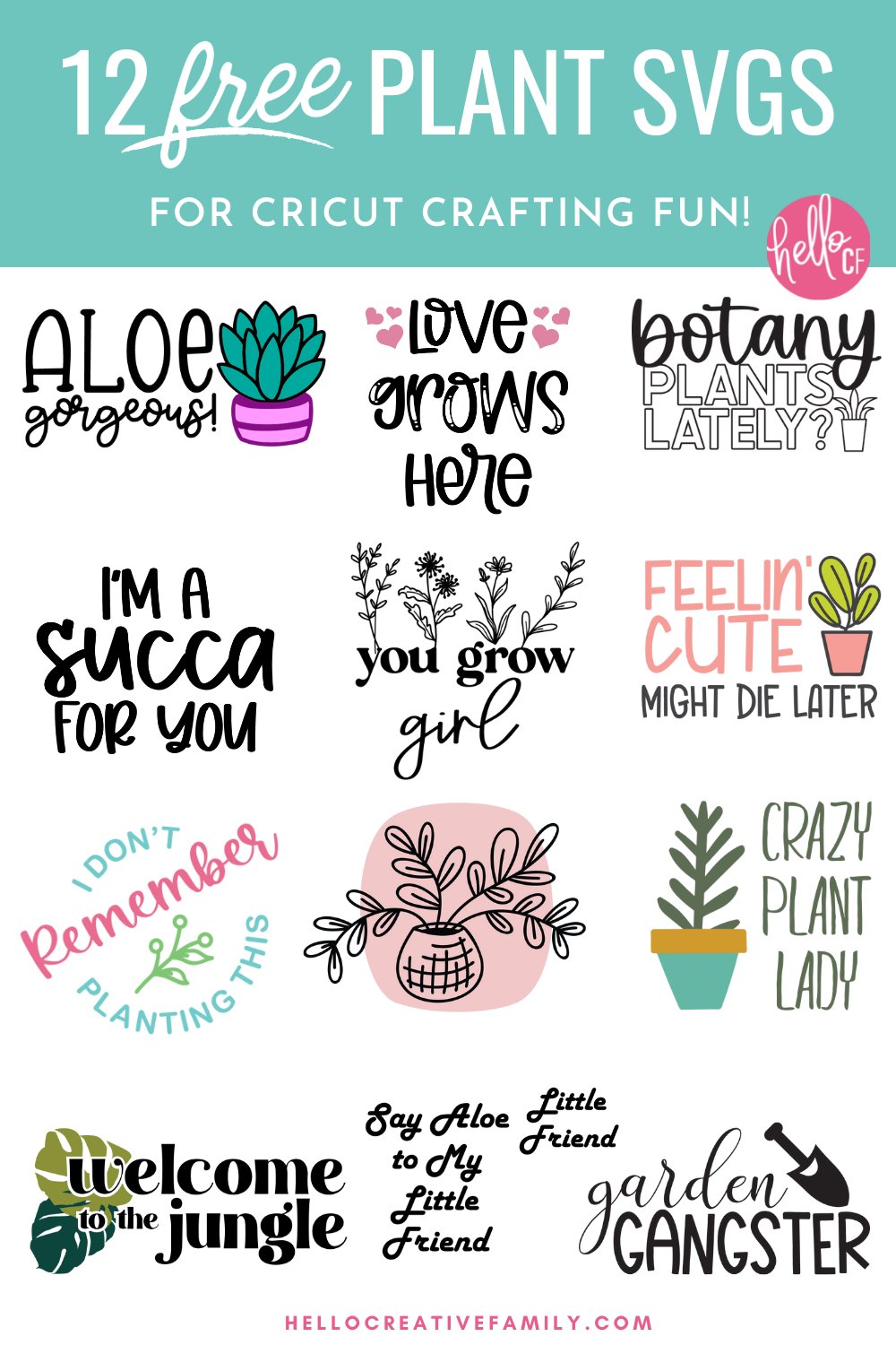 Get your craft on with 12 free plant svg files! With cute sayings like Love Grows Here, I'm A Succa For You and Aloe Gorgeous, these free cut files are perfect for Cricut crafting! Make DIY gifts for gardeners and plant lovers in your life. We even have a few funny cut files for those who weren't blessed with a green thumb!