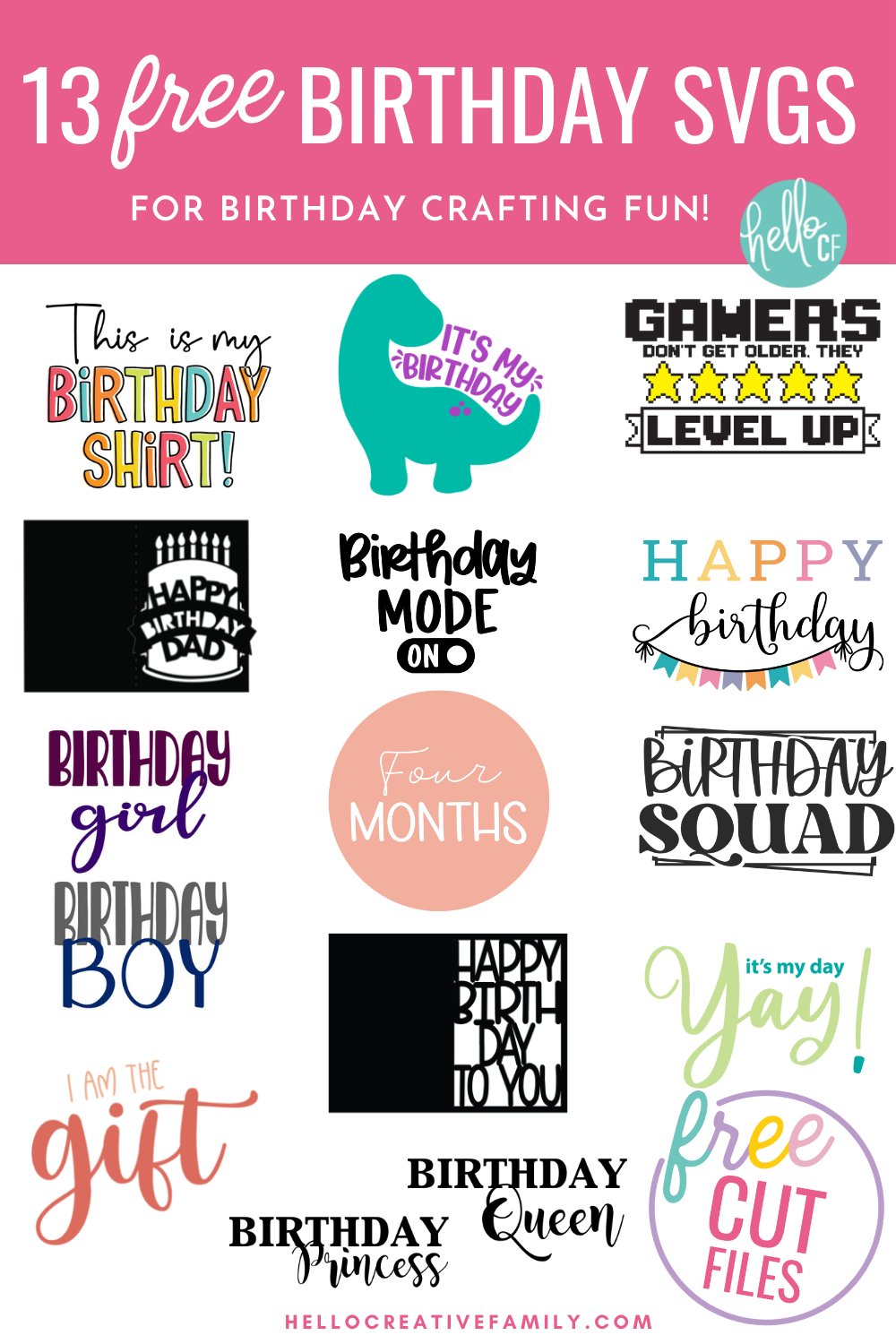Celebrate a dinosaur loving kid's special day with this free birthday dinosaur SVG file! We've also got 13 free birthday SVG files for making DIY birthday shirts, birthday cards, birthday mugs, birthday party decorations and so much more using your Cricut Maker, Cricut Explore, Cricut Joy or Silhouette Cameo!
