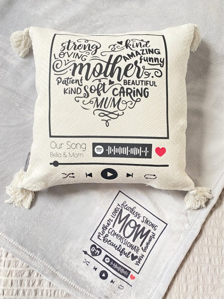 Learn how to make a DIY pillow and blanket that plays a special song when scanned using your Cricut and Spotify! Learn how to make this special project step-by-step including creating a Spotify scan bar, selecting the perfect pillow or blanket, setting up your design and cutting and applying it using either Infusible Ink or HTV.