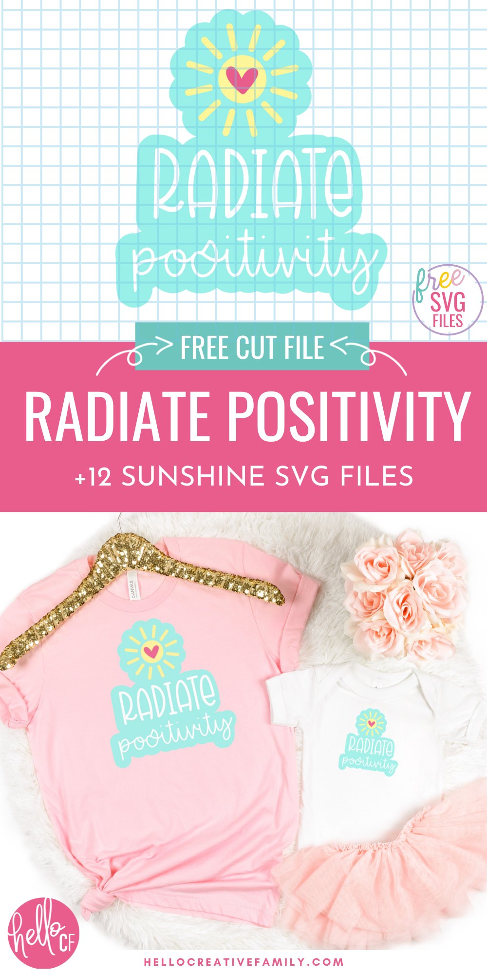 Grab 12 free Sun SVG Files Including Radiate Positivity! Cricut Crafters are going to love this collection for all their summer crafting! Use them to make shirts, mugs, beach bags, stickers and so much more with your Cricut or Silhouette cutting machines!