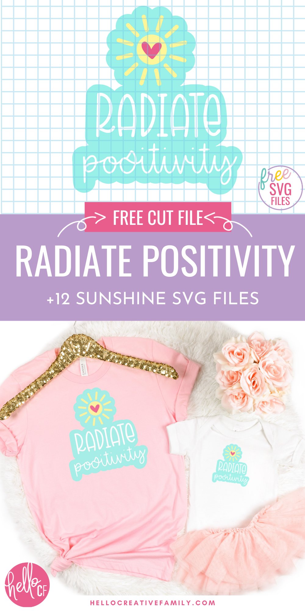 Grab 12 free Sun SVG Files Including Radiate Positivity! Cricut Crafters are going to love this collection for all their summer crafting! Use them to make shirts, mugs, beach bags, stickers and so much more with your Cricut or Silhouette cutting machines!