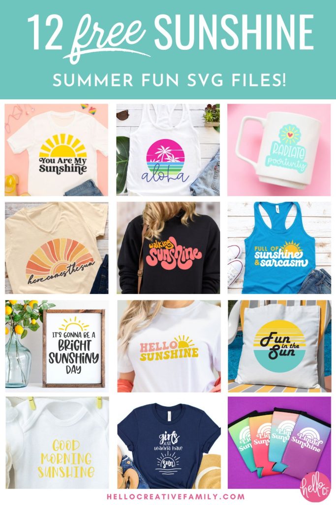 Grab 12 free Sun SVG Files Including Radiate Positivity! Cricut Crafters are going to love this collection for all their summer crafting! Use them to make shirts, mugs, beach bags, stickers and so much more with your Cricut or Silhouette cutting machines!