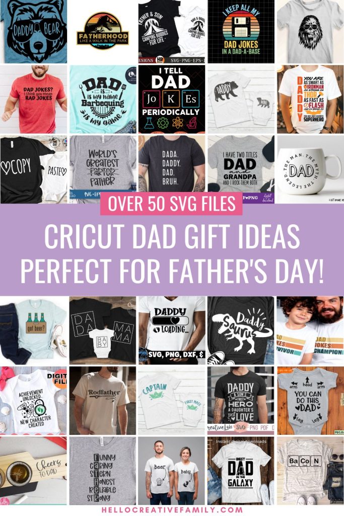 Get inspired! We’ve collected over 50 Dad SVG files for making Cricut Dad gifts using your Cricut Maker, Cricut Explore, Cricut Joy, Silhouette Cameo or other electronic cutting machine! From funny dad shirts, to sentimental dad mugs, to sport gear that dad can wear on game day! We’ve got a ton of great ideas for Father’s Day, Christmas, birthdays or any time of the year you want to celebrate the best dad ever!