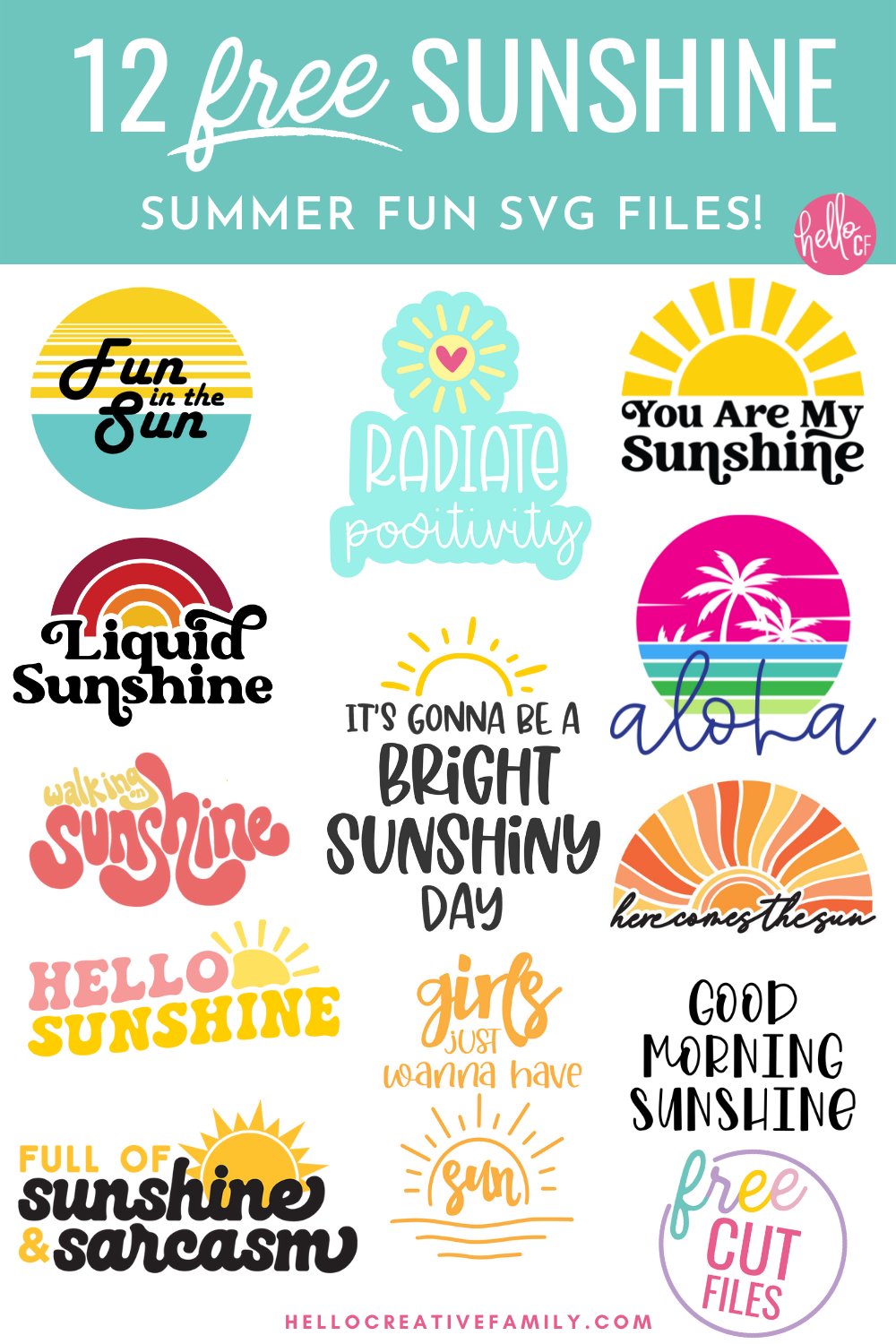 Grab 12 free Sun SVG Files Including Radiate Positivity! Cricut Crafters are going to love this collection for all their summer crafting! Use them to make shirts, mugs, beach bags, stickers and so much more with your Cricut or Silhouette cutting machines!