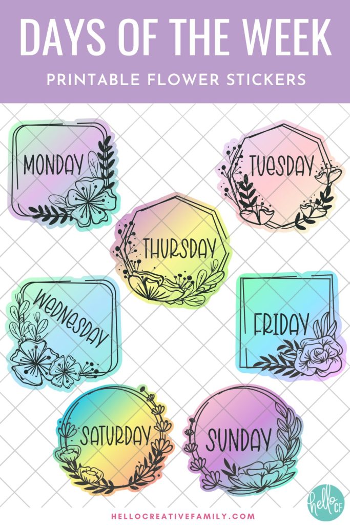Layout of flower stickers included in days of the week floral stickers bundle