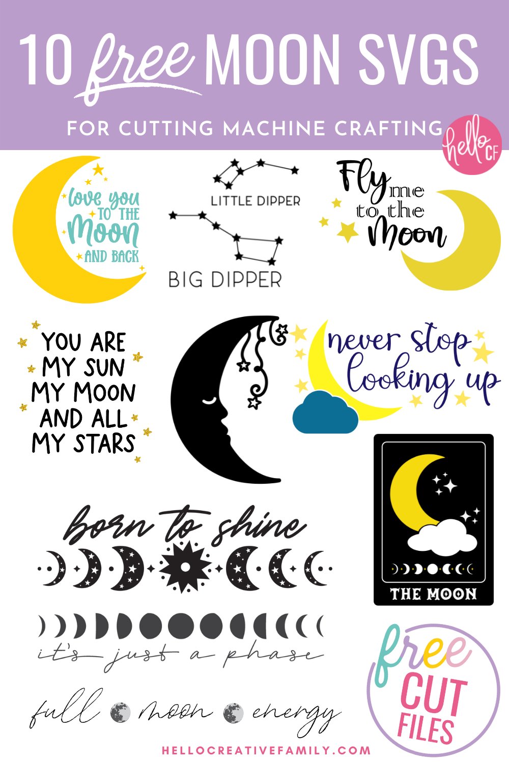 Need moon cut files for your crafty project? Get these 10 free moon SVG files including Love You To The Moon and Back.  These gorgeous SVGs are perfect for nursery decor, shirts, mugs, tote bags and so much more! Cut them with your Cricut Maker, Cricut Explore, Cricut Joy or Silhouette Cameo!
