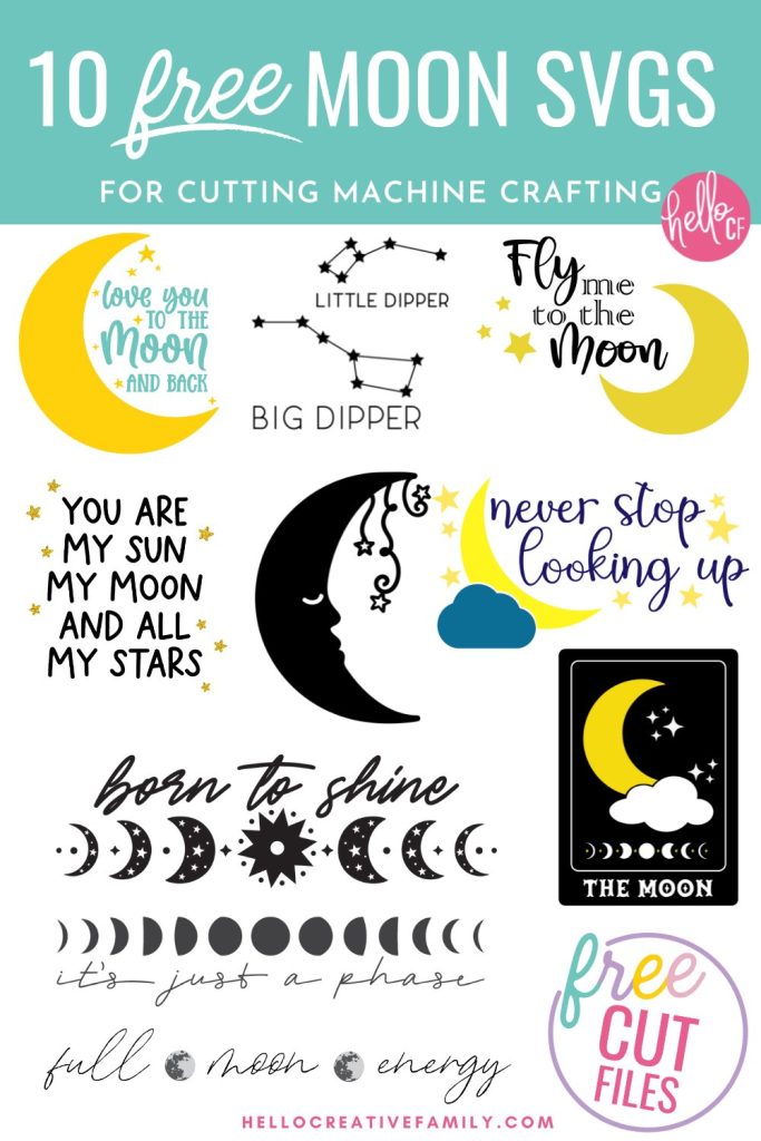 Need moon cut files for your crafty project? Get these 10 free moon SVG files including Love You To The Moon and Back.  These gorgeous SVGs are perfect for nursery decor, shirts, mugs, tote bags and so much more! Cut them with your Cricut Maker, Cricut Explore, Cricut Joy or Silhouette Cameo!