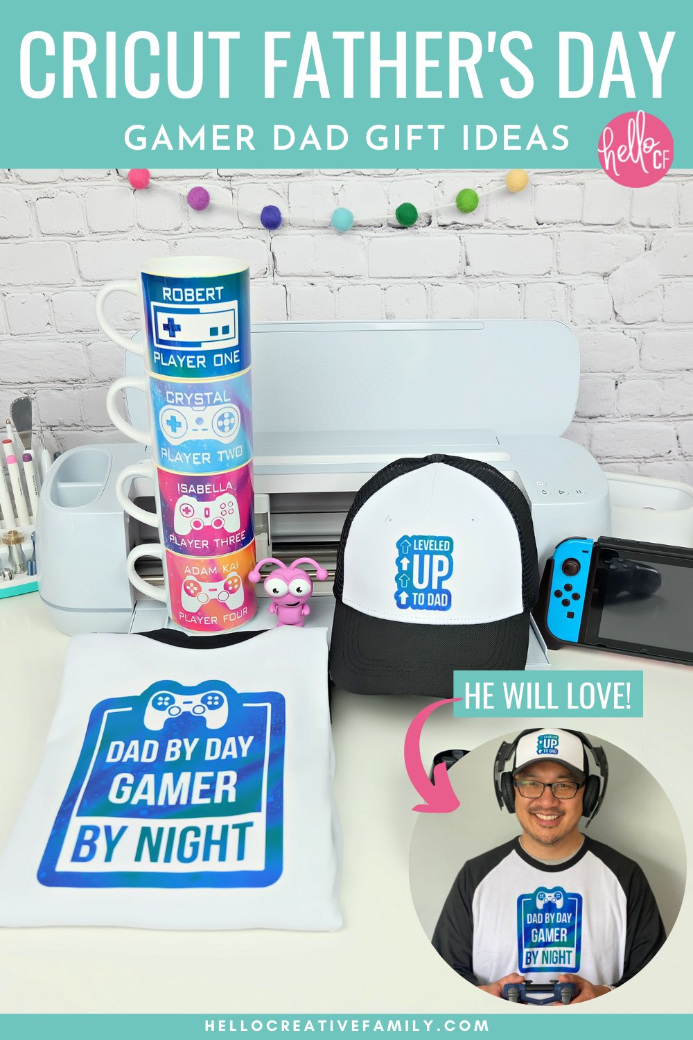 Know a dad who loves video games? We're sharing 3 DIY Father's Day Cricut Ideas that gamer dads will love! We're sharing how to make a Leveled Up To Dad hat, a Dad By Day, Gamer By Night shirt and a set of stackable mugs with video game remotes, each family member's name and a player number that relates to their birth order! Pull out your Cricut Maker, Cricut Explore or Cricut Joy and Infusible Ink and let's get crafting!