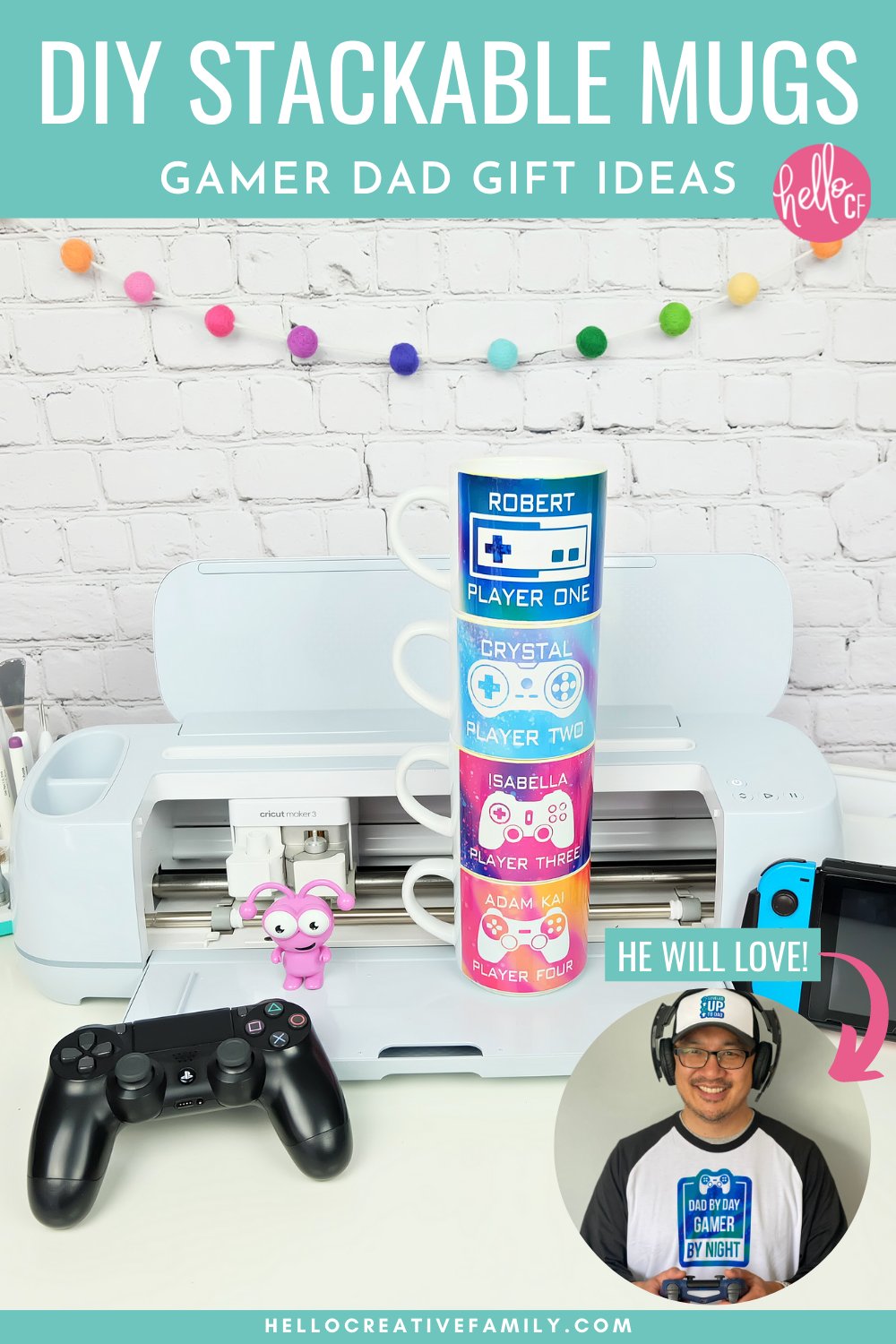 Know a dad who loves video games? We're sharing 3 DIY Father's Day Cricut Ideas that gamer dads will love! We're sharing how to make a Leveled Up To Dad hat, a Dad By Day, Gamer By Night shirt and a set of stackable mugs with video game remotes, each family member's name and a player number that relates to their birth order! Pull out your Cricut Maker, Cricut Explore or Cricut Joy and Infusible Ink and let's get crafting!