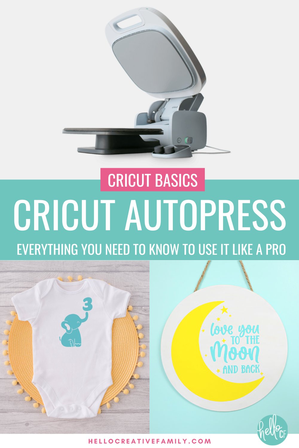 Learn everything you need to know about the Cricut Autopress! This amazing heat press can be used to apply HTV, Infusible Ink and sublimation products to a variety of blanks including shirts, hoodies, baby onesies, aprons, tote bags, wood signs and more! We cover everything you need to know about this amazing machine, plus walk you through step by step how to use it to make Infusible Ink milestone onesies and a wood sign to decorate a nursery!
